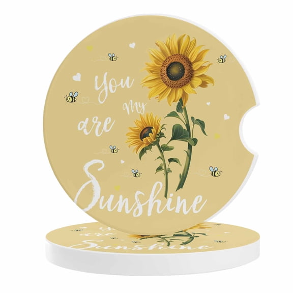 Yellow Sunshine Sunflower Car Coasters for Cup Holders Set of 2 Absorbent, 2.56" Ceramic Drinks Cupholder Coasters with Finger Notch Pastoral Bees Farmhouse Floral Auto Interior Accessories for Women
