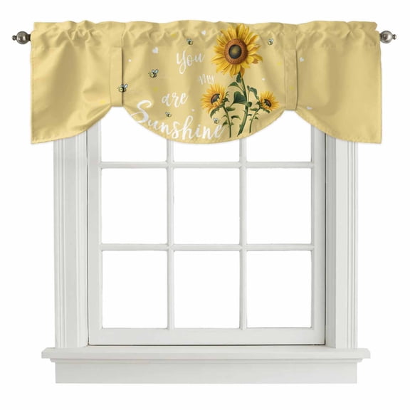 Yellow Sunshine Sunflower Tie Up Valance Curtains for Windows, Kitchen Curtains Window Treatments, Pastoral Bees Farmhouse Floral Short Window Shades Valances for Bedroom Bathroom Cafe 42"x12"