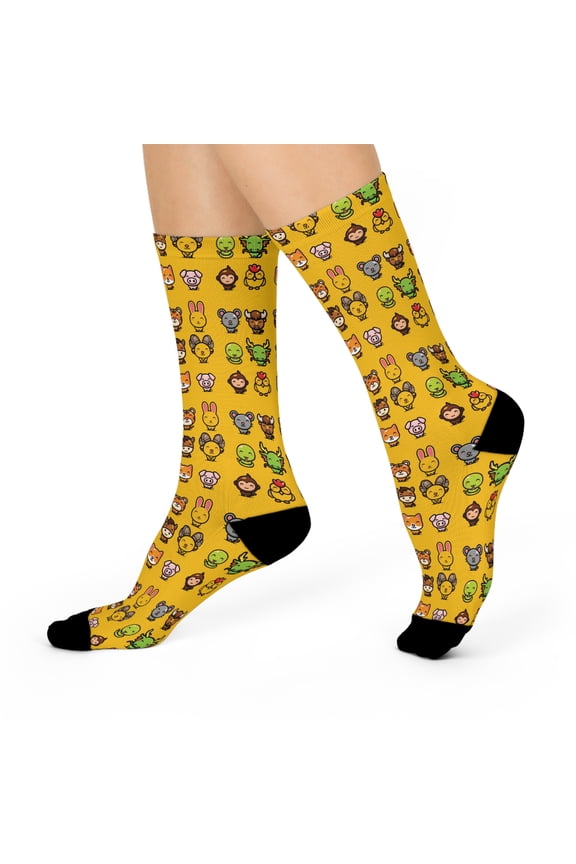 Yellow Super Cute Chinese Zodiacs Cushioned Crew Socks