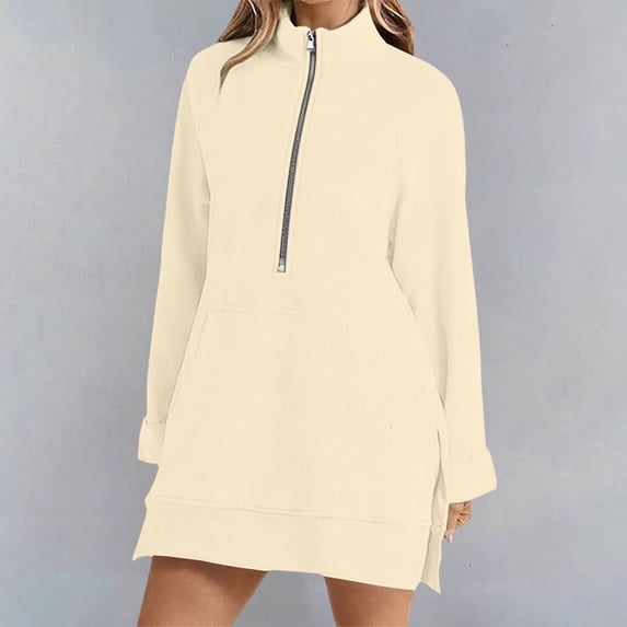 Yellow Sweaters for Women'S Solid Color Half Zipper High Neck Long Sweatshirt Fashionable and Simple Slit Loose Pocket Sweatshirt Womens Fall Fashion 2025