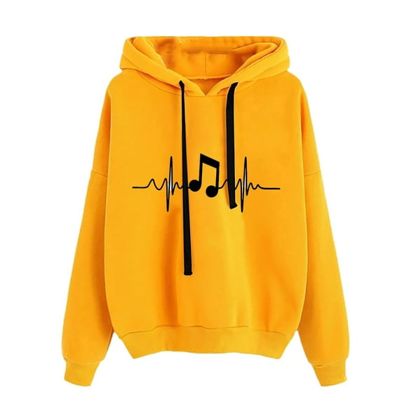 Yellow Sweaters for Women Ladies Round Neck Long Sleeve Musical Note Print Solid Color Hooded Sweatshirt Fashion Loose Top Womens Fall Fashion 2025