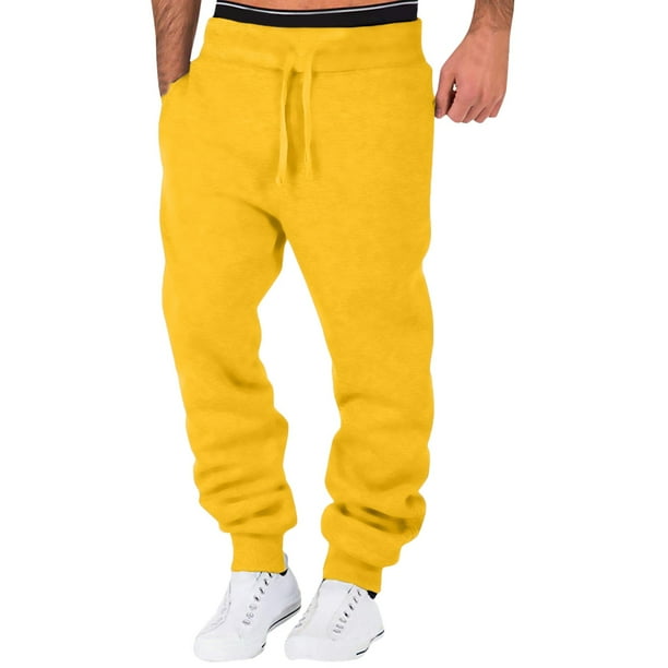 Yellow Sweatpants for Men Male Casual Fitness Running Trousers Drawstring Loose Waist Solid Color Pants Pocket Loose Fleece Sweatpants Mens Work Pants