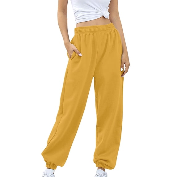 Yellow Sweatpants Women's Bottom Sweatpants No Drawstring Joggers Pants Workout High Waisted Yoga Pants with Pockets Fashion Clothing