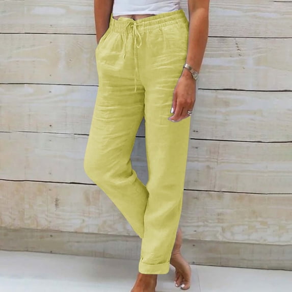 Yellow Sweatpants Women's Fashionable and Casual Summer Elastic High Waisted Solid Color Cotton and Linen Loose Trousers Fashion Clothing