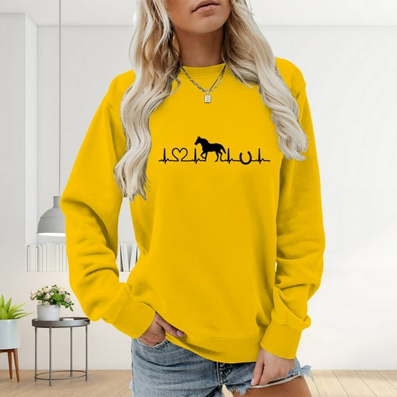 Yellow Sweatshirt for Women Horse Sweatshirt for Women Cute Heartbeat Graphic Shirts Long Sleeve Crew Neck Pullover Tops Horse Lover Womens Fashion Clothing