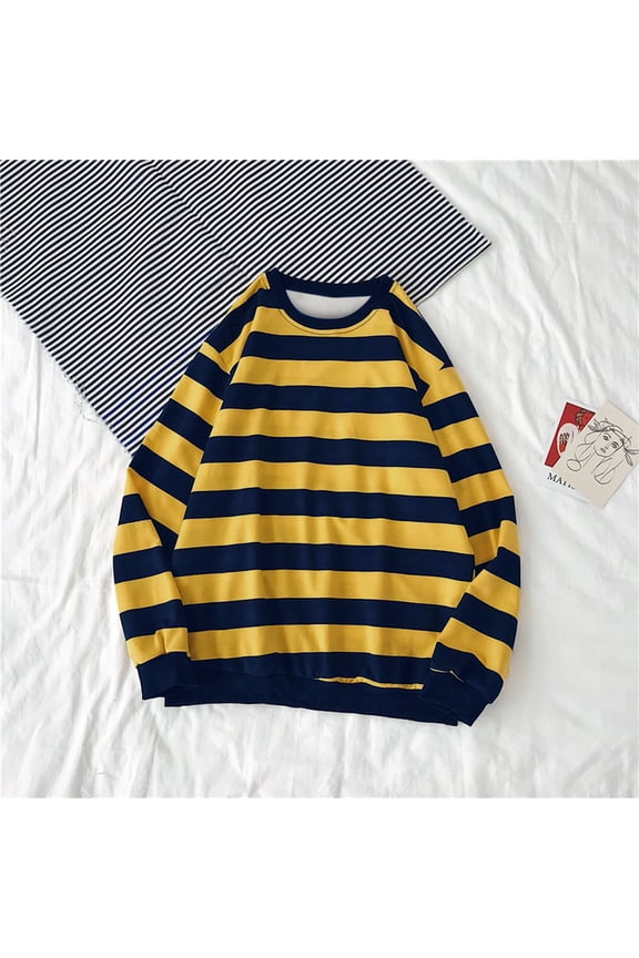 Yellow Sweatshirts for Women's Autumn Winter Sweatshirt Round Pullover Tops Long Sleeved Stripe Blouse Fall Trendy Outfits