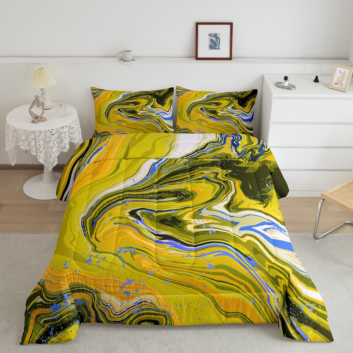 Yellow Swirl Bedding Twin Gold Marble Comforter Set Psychedelic Stone
