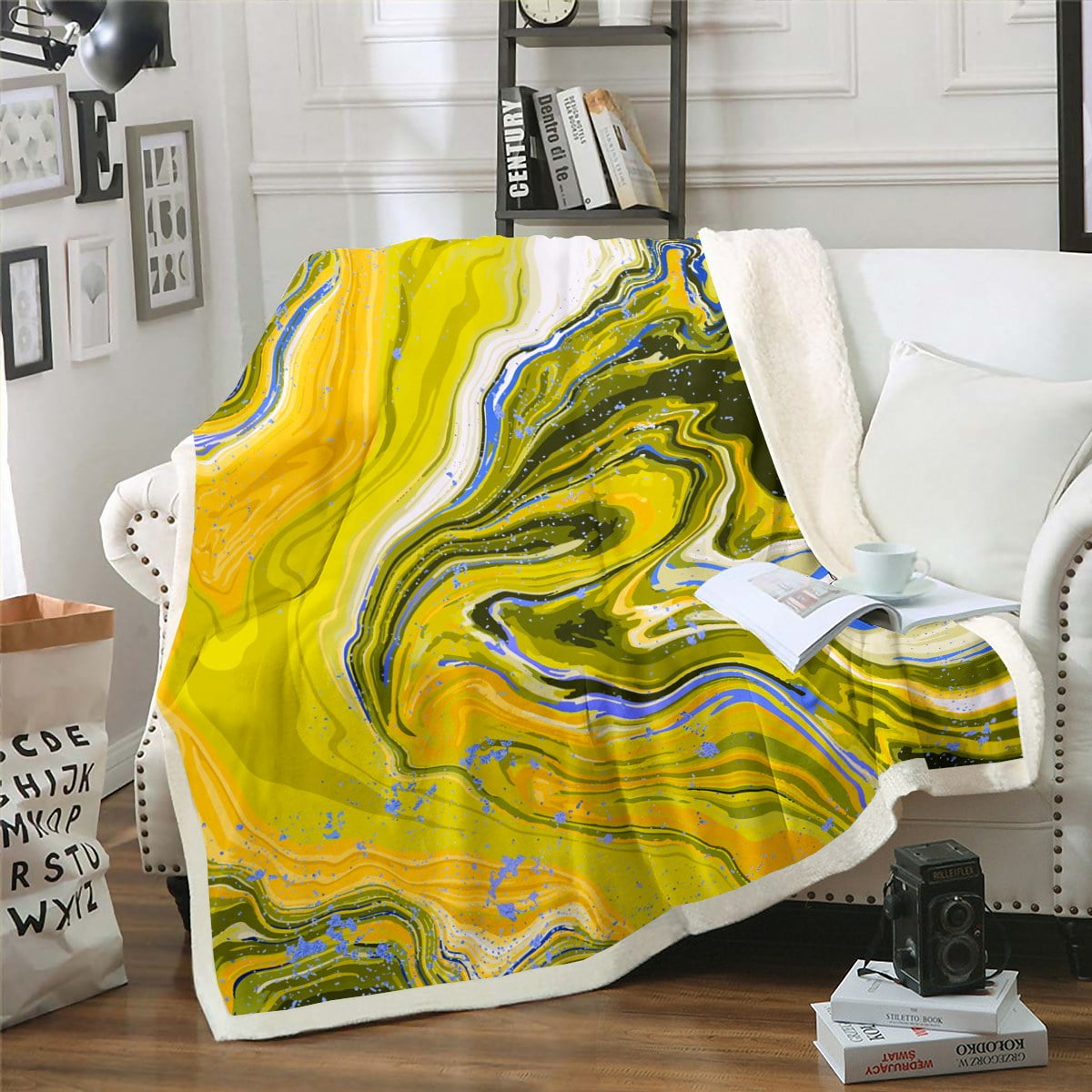 Yellow Swirl Blanket Gold Marble Throw Blanket for Bed Psychedelic