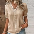 thumbnail image 1 of Summer Short Sleeve Oversized Going Out Dress Shirts for Women Yellow Fashion Hollowed Lace V Neck Plain Elegant Shirt Solid Color Blouse Comfy Soft Tee 3XL, 1 of 4
