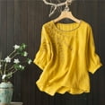thumbnail image 1 of Yellow T Shirts for Women 3/4 Sleeve Linen Shirts for Women 2026 Cotton Summer Retro Embroidered Boho Tops Casual Trendy Vacation Blouse Fashion Clothing, 1 of 4