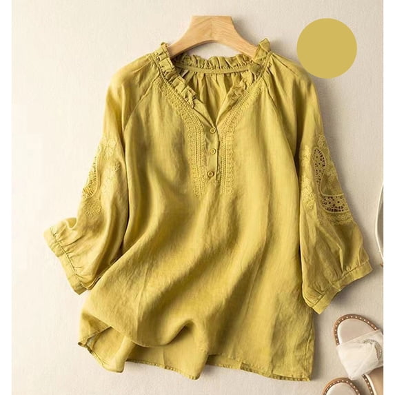Yellow T Shirts for Women's Cropped Sleeve Shirt V Neck Literary Retro Loose Slim Embroidered Top 2026 Cotton and Linen Summer New Short Sleeve T Shirt Fashion Clothing