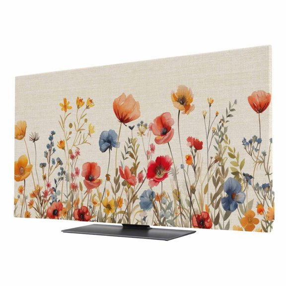 Yellow and TV Dust Cover 24 Inch, Red Poppy Watercolor Floral Plants Retro Linen Computer Monitor Cover Dustproof Stretchable Indoor TV Screen Protector for LED LCD Universal Monitors