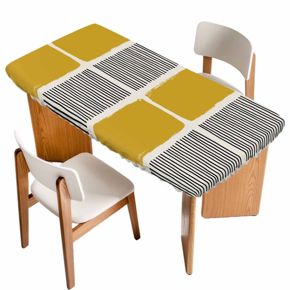 Yellow Table Cloths for 6 Foot Rectangle Tables, Modern Painting Farmhouse Striped Abstract Art Patio Waterproof Elastic Fitted Tablecloths, Washable Rectangular Table Cover for Camping