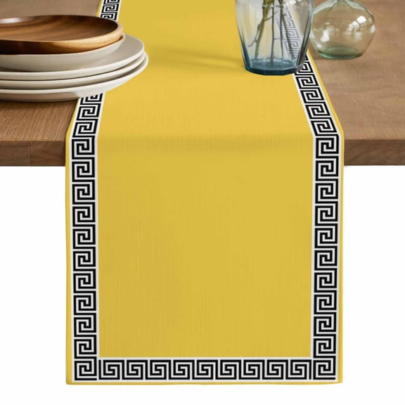 Yellow Table Runner, Black White Modern Geometric Abstract Art Washable Cotton Linen Table Runners 36 Inches Long, Dresser Scarf Runner for Nightstand/End Tables/Round Tables 13''x36''