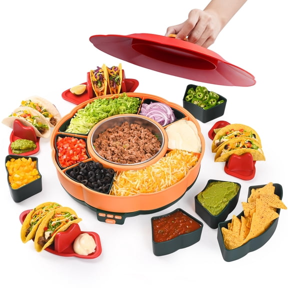 Yellow Taco Party Serving Set With Heated Pot, Detachable Lazy Susan Tray, 4 Taco Holders
