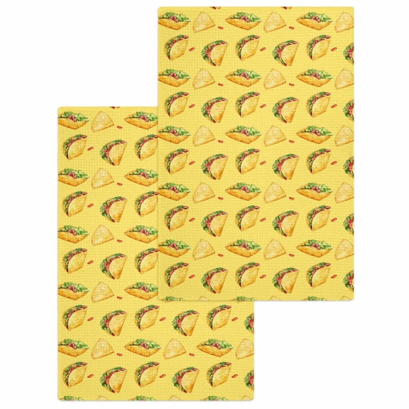 Yellow Tacos Hand Towels Set, Waffle Weave Kitchen Towels 2 Pieces, Cheese Vegetables Cartoon Food Microfiber Hair Face Bath Tea Towel Absorbent Quick Drying Cleaning Dish Cloths, 15.7"x23.6"