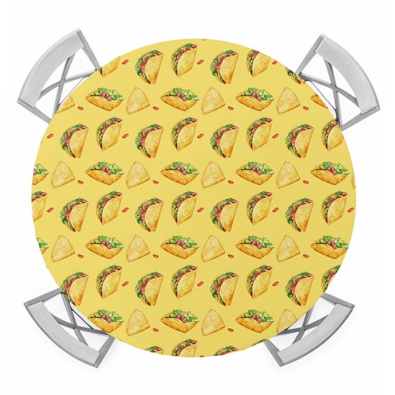 Yellow Tacos Round Tablecloth for 36-44 Inch Tables, Fitted Table Cover with Elastic Edge, Cheese Vegetables Cartoon Food Waterproof Outdoor Table Cloth Protector for Patio Garden Dinner Picnic