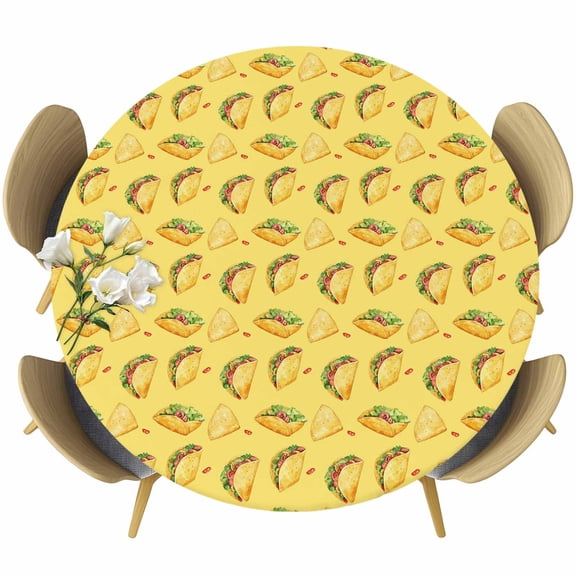 Yellow Tacos Round Tablecloth, Fitted Table Cover with Elastic for 55"-60" Round Tables, Cheese Vegetables Cartoon Food Table Cloth Outdoor Indoor Dinning Party Waterproof Tablecloths