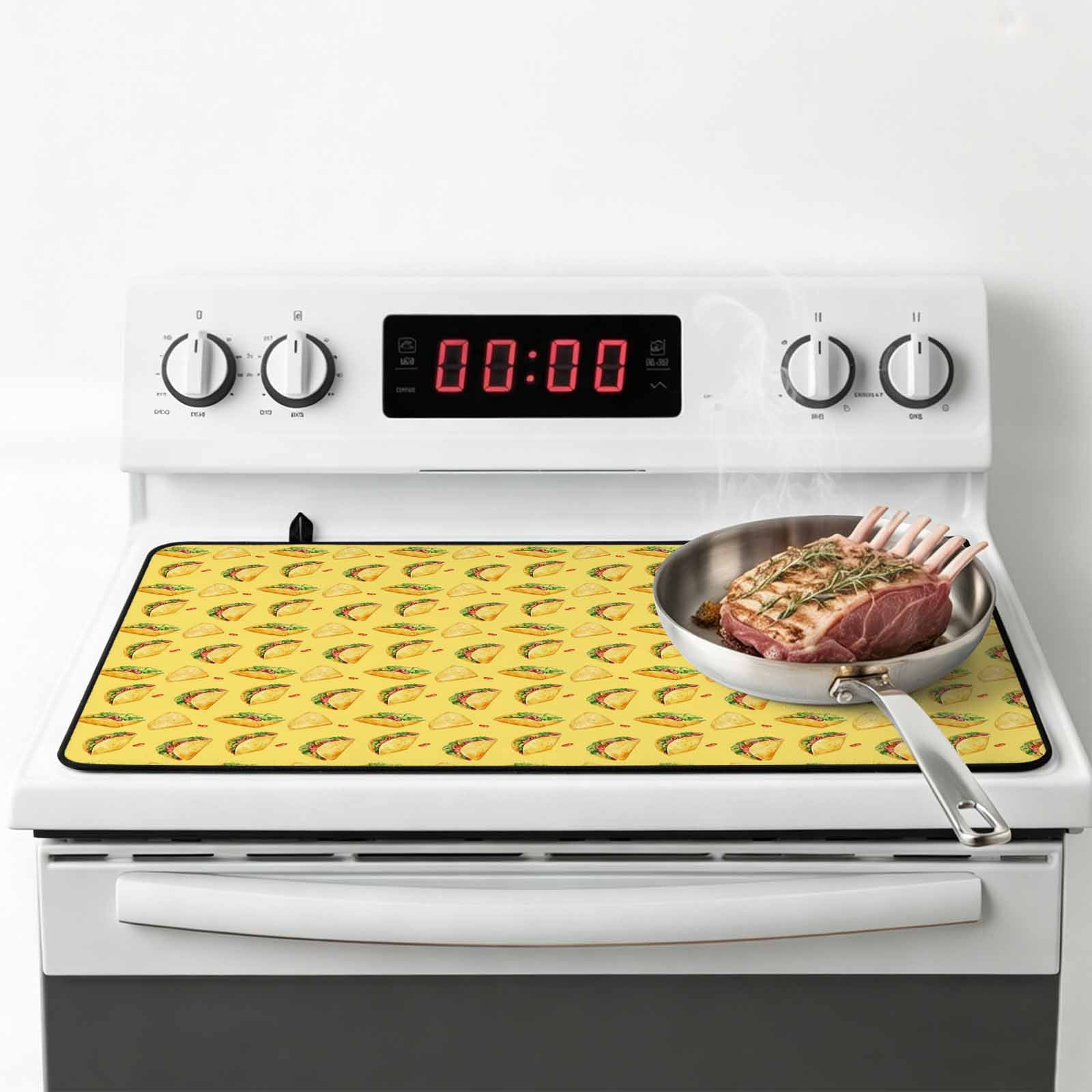 Yellow Tacos Stove Top Cover for Electric Stove, Heat-proof & Non Slip Glass Top Stove Cover Protector, Cheese Vegetables Cartoon Food Kitchen Flat Cooktop Rubber Mat 24x21 Inches