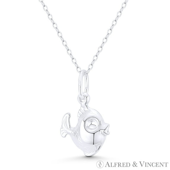 Yellow Tang Fish Sealife Charm Hollow 3D 23x14mm (0.9x0.6in) Pendant & Chain Necklace in .925 Sterling Silver