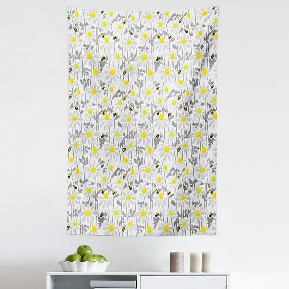 Yellow Tapestry, Pattern with Bees and Chamomile Daisy Flowers in Flourishing Meadow Nature, Fabric Wall Hanging Decor for Bedroom Living Room Dorm, 5 Sizes, Grey Yellow White, by Ambesonne