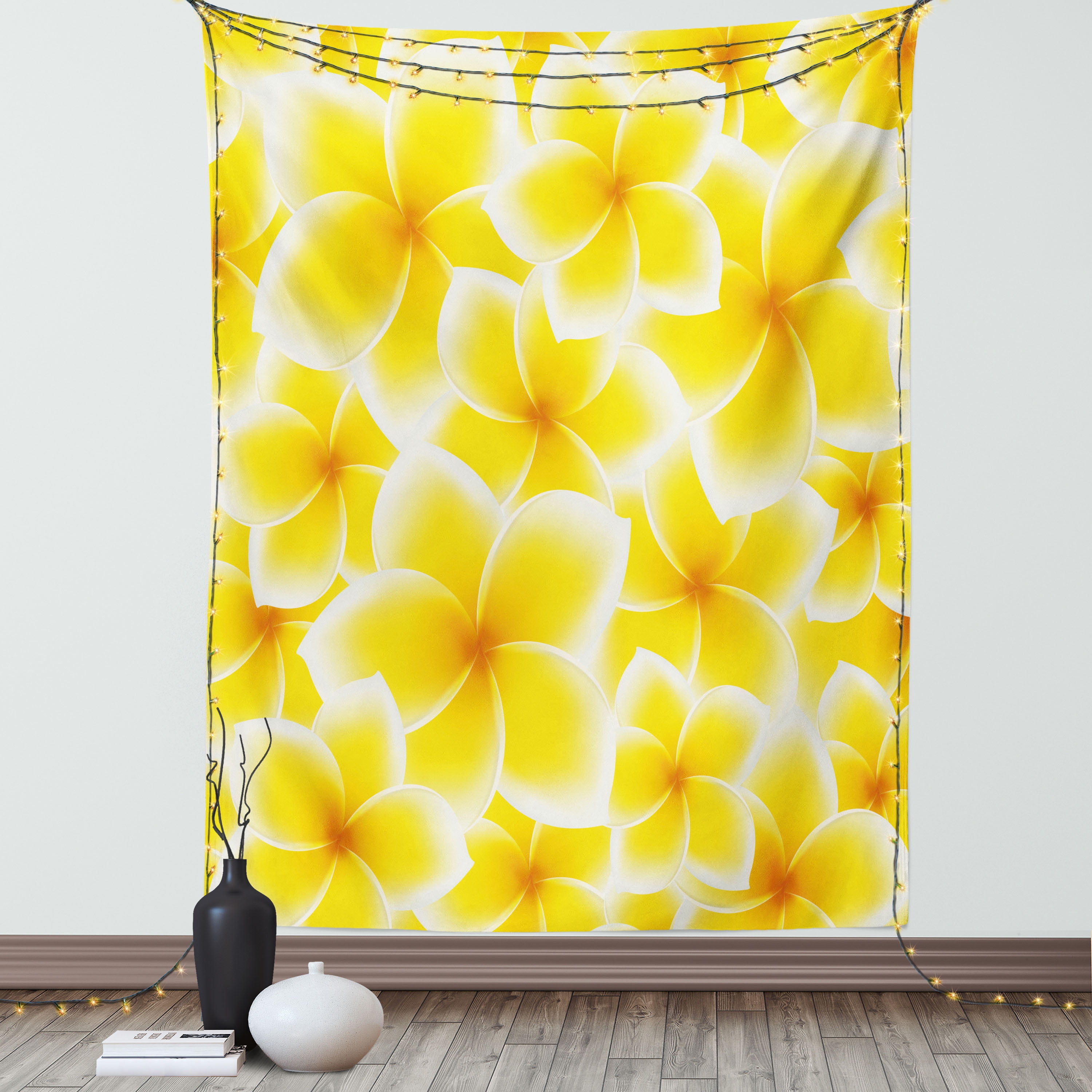 Yellow Tapestry, Plumeria Frangipani Asian Cute Flower Blossom Pattern Hawaiian Style Artwork