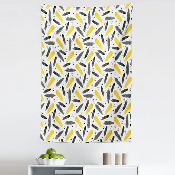 Yellow Tapestry, Watercolor Motives Pattern with Polka Dots Exotic Style Tribal Design Print, Fabric Wall Hanging Decor for Bedroom Living Room Dorm, 5 Sizes, Mustard Black Grey, by Ambesonne