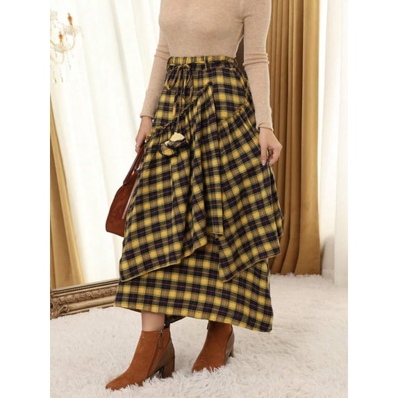 Yellow Tartan Skirt - High Waist Asymmetrical Tiered Hem With Fringe Detail Flowy Design