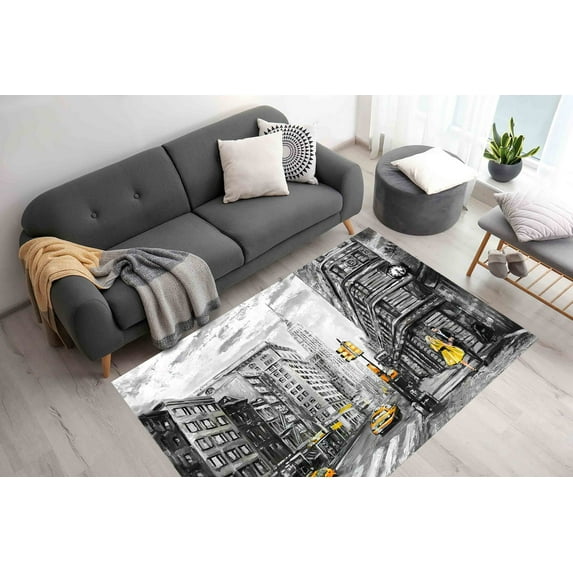 Yellow Taxi Rug, Street View of New York Rugs, Luxury Rugs, Romantic Couple Rug, 3D Printeds Rug, View Rug, Valentine Gift, Gray Yellow Rug, 5.2'x7.5' - 160x230 cm