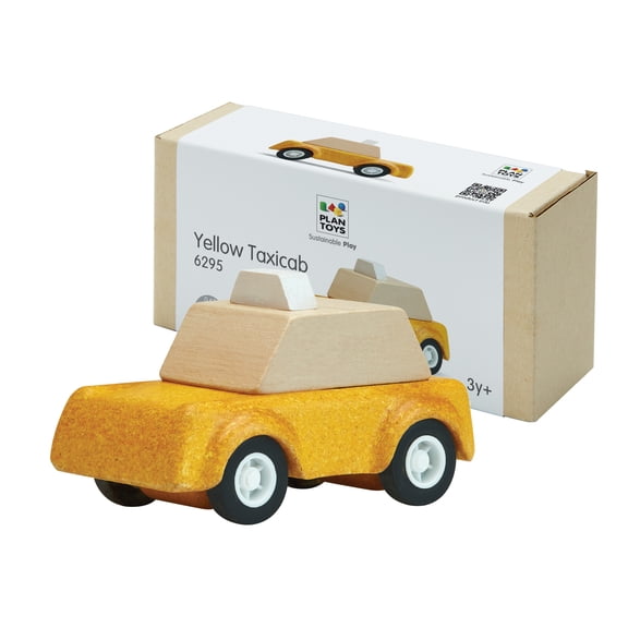 PlanToys Yellow Taxicab Wooden Montessori Vehicle Toy | Early Movement, Imagination and Practical Life Exploration | Eco Friendly Taxi for Indoor and Outdoor Play