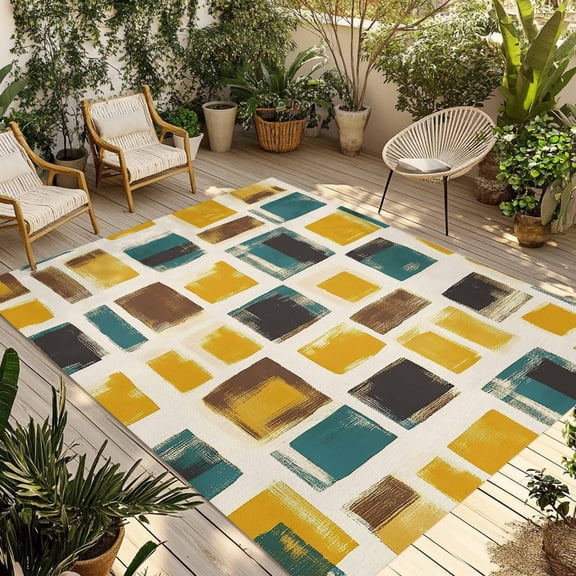 Yellow Teal Black Geometric Outdoor Rug 3x5 Ft - Reversible Patio Rug Outdoor Camping Rugs, Modern Polygonal Abstract Art Indoor Outdoor Area Rugs, Non-Slip Outdoor Carpet Runner for Deck/Porch