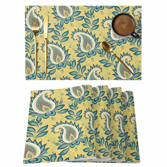 Yellow Teal Boho Botanical Placemats Set of 6, Southwestern Leaves Ethnic Tribal Placemats for Dining Table, Place Mats for Kitchen Tabletop, Waterproof Wipeable Dining Table Mats Set