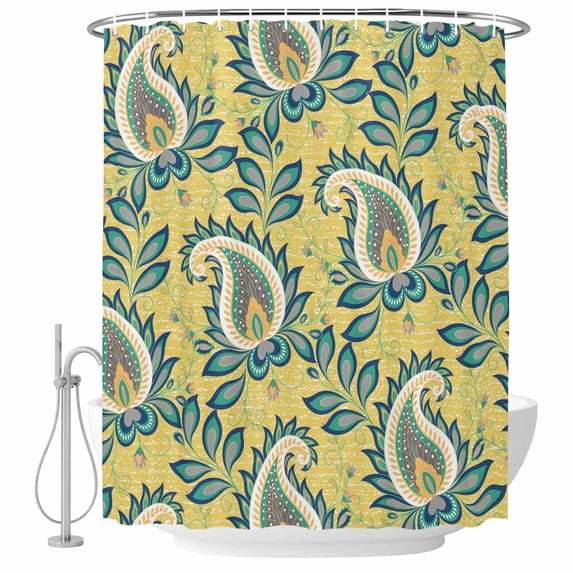 Yellow Teal Boho Botanical Shower Curtain, Waterproof Shower Curtains for Bathroom, Southwestern Leaves Ethnic Tribal Washable Fabric Bathtub Curtain Set Bath Decor with 12 Hooks Long 72"x84"