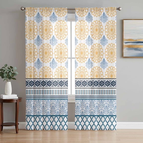 Yellow Teal Boho Sheer Curtains 63 Inch Length 2 Panels Set, Vintage Geometric Stripes Abstract Art Voile Window Treatment Rod Pocket Curtains Sheers Drapes for Bedroom/Living Room/Kitchen 52x"63"x2