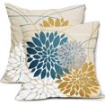 thumbnail image 1 of Yellow Teal Dahlia Pillow Cover 20x20 Inch Summer Spring Geometric Floral Elegant Line Flower Pillow Case Farmhouse Outdoor Decor for Home Bedroom Living Room Linen Square Cushion Covers, Set of 2, 1 of 6