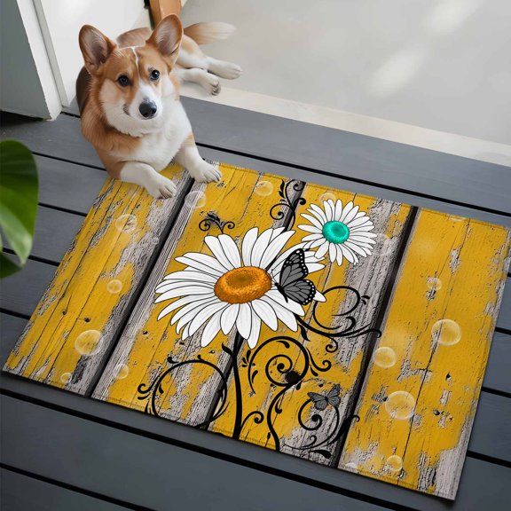 Yellow Teal Daisy Front Door Rugs 2x3 ft Grey Yellow Wood Grain Bubble Butterfly Small Rug for Entryway Non Slip Washable Bathroom Door Mat Absorbent Floor Mat for Indoor Entrance
