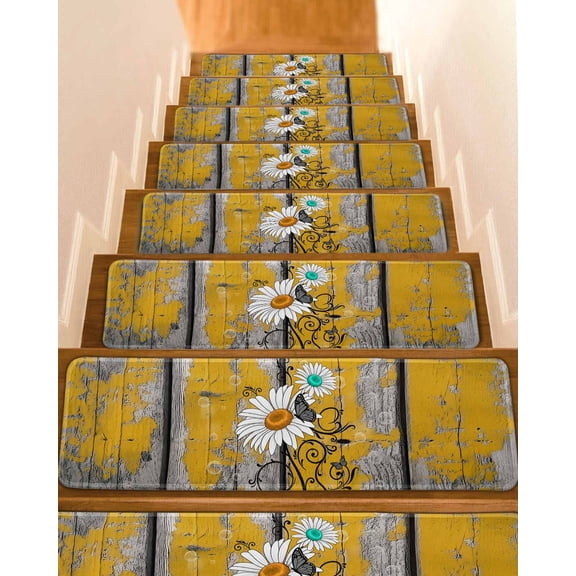 Yellow Teal Daisy Stair Treads Grey Yellow Wood Grain Bubble Butterfly Indoor Non Slip Peel and Stick Stair Treads for Wooden Steps 4 PCS, Soft Adhesive Staircase Mats Runner Rugs 8"x30"