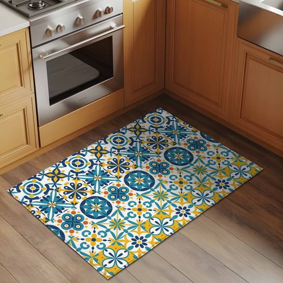 Yellow Teal Floral 2x3 Rug for Entryway Front Door Kitchen Sink Area, Vintage Mediterranean Tile Yellow Teal Flower Low Pile Washable Non Slip Rectangle Area Rug