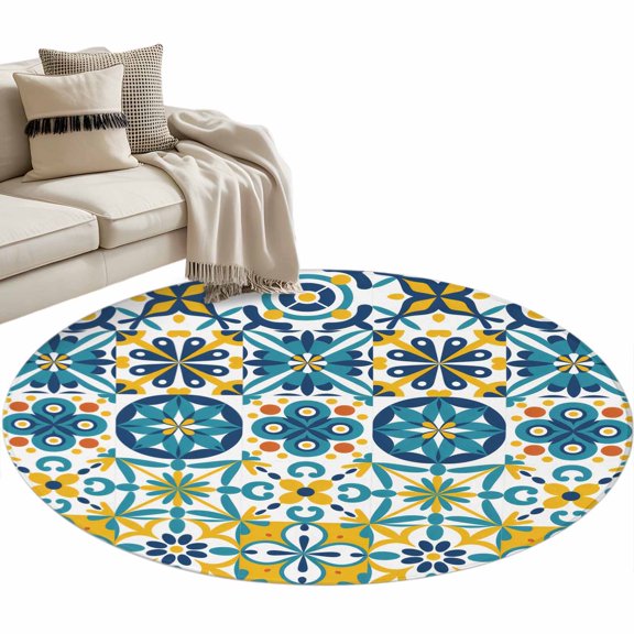 Yellow Teal Floral Area Rug, Vintage Mediterranean Tile Yellow Teal Flower Round Non-Slip Absorbent Washable Area Rug Felt Rubber Backing Indoor Carpet for Bedroom Living Room 3ft