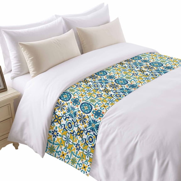 Yellow Teal Floral Bed Runner for King Size Bed, Vintage Mediterranean Tile Yellow Teal Flower Soft Bedding Scarf Bedding Protector Slipcover Sofa Throw for Bedroom Hotel Guesthouse