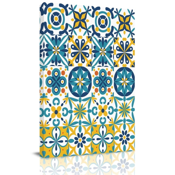 Yellow Teal Floral Canvas Wall Art for Living Room, Vintage Mediterranean Tile Yellow Teal Flower Wall Decor Framed Artwork Pictures Ready to Hang for Bedroom Office Home Decor