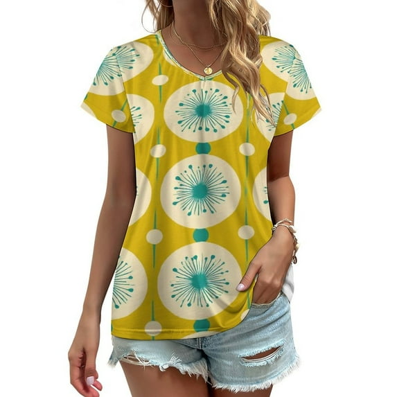 Yellow Teal Floral Circle Pattern Women's Blouse Short Sleeve Women's Top T-Shirt Spring Summer Clothes