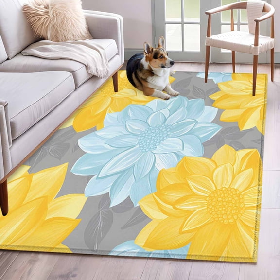 Yellow Teal Floral Spring Area Rug 3x5 Washable Rug Non Slip Pastoral Summer Botanical Large Area Rug Indoor Floor Carpet for Entryway Bedroom Kitchen Living Room Home Office Dining Room Nursery