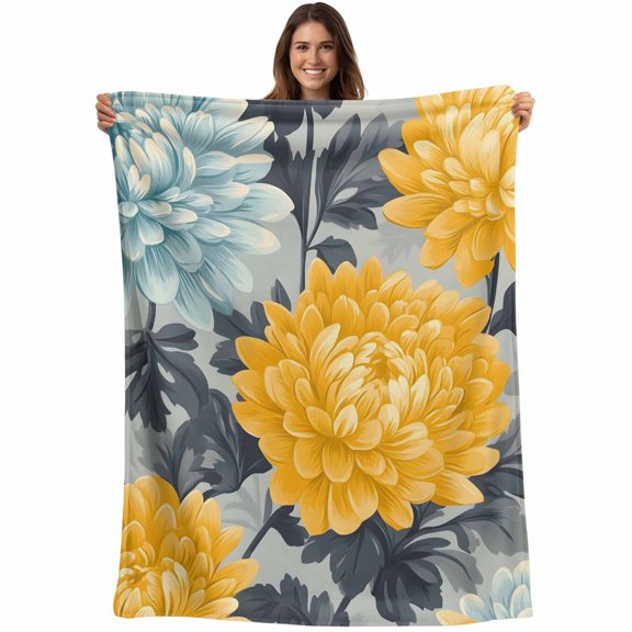 Yellow Teal Floral Spring Blanket Soft Cozy Warm Throw Blanket for Couch, Plush Fuzzy Flannel Fleece Blankets for Sofa, Summer Botanical Pastoral Bed Blankets Lightweight Gifts for Women, 50"x60"