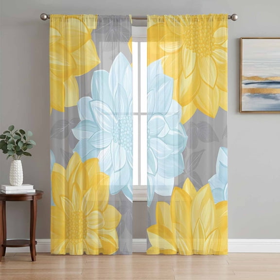 Yellow Teal Floral Spring Sheer Curtains 63 Inch Length 2 Panels Set, Pastoral Summer Botanical Voile Window Treatment Rod Pocket Curtains Sheers Drapes for Bedroom/Living Room/Kitchen 52x"63"x2