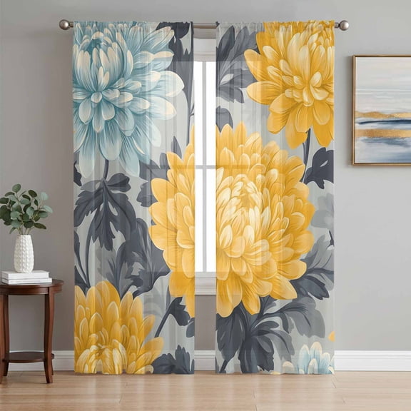 Yellow Teal Floral Spring Sheer Curtains 63 Inch Length 2 Panels Set, Summer Botanical Pastoral Voile Window Treatment Rod Pocket Curtains Sheers Drapes for Bedroom/Living Room/Kitchen 52x"63"x2