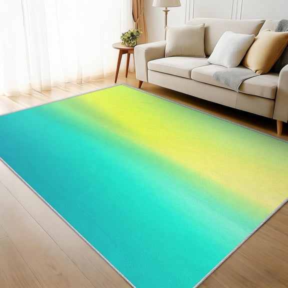 Yellow Teal Gradient Area Rug, Modern Ombre Fade Design Indoor Carpet, Washable Non Slip Low Pile Soft Thin Rug for Living Room Bedroom Home Decor Mat 2x3ft