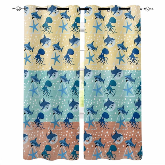 Yellow Teal Orange Coastal Blackout Curtains for Bedroom Living Room Darkening Curtains 84 Inch Length 2 Panels Set Summer Octopus Shark Starfish Window Curtain Window Treatment Drapes 52"x84"