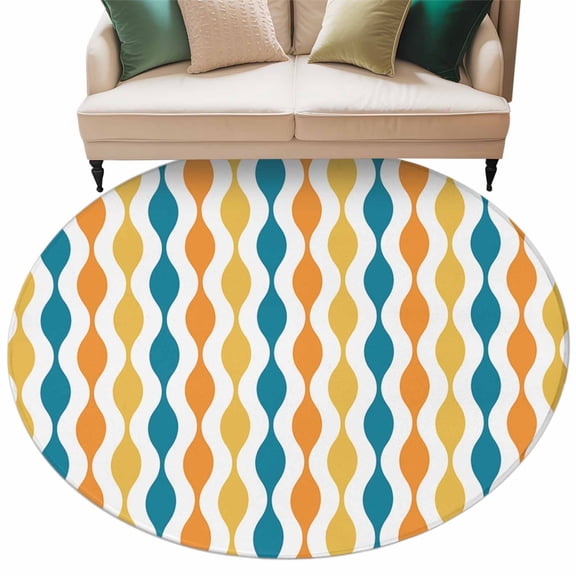 Yellow Teal Orange Striped Large Area Rugs for Bedroom Living Room, Soft Non Slip Carpet Bedside Rug, Middle Century Abstract Art Aesthetics Round Floor Cover Kitchen Accent Rug 5' for Office