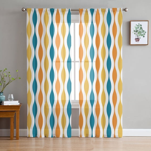 Yellow Teal Orange Striped Sheer Curtains 96 Inches Long 2 Panels Set, Window Sheer Curtains for Living Room/Bedroom, Middle Century Abstract Art Aesthetics Light Filter Pocket Curtain 52''x96''x2